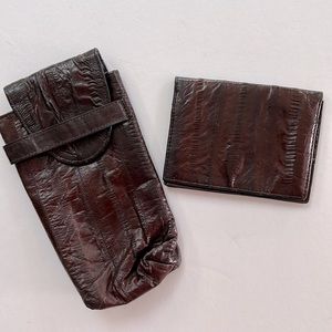 Vintage dark brown eel skin glasses case and card case